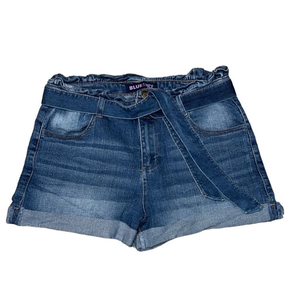 Blue Spice Paper Bag Rolled Hem Jean Shorts